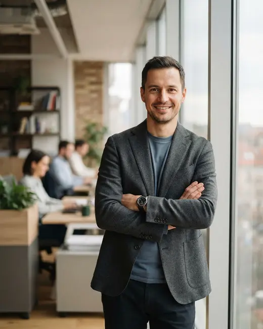 Profesionálny portrét ženy v tmavom saku na svetlom pozadí