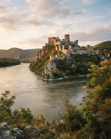 Hrad Devín nad sútokom Dunaja a Moravy pri západe slnka