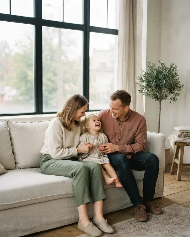 Svetlý ateliér s veľkým oknom, ľanovou pohovkou a rekvizitami pre rodinné fotenie
